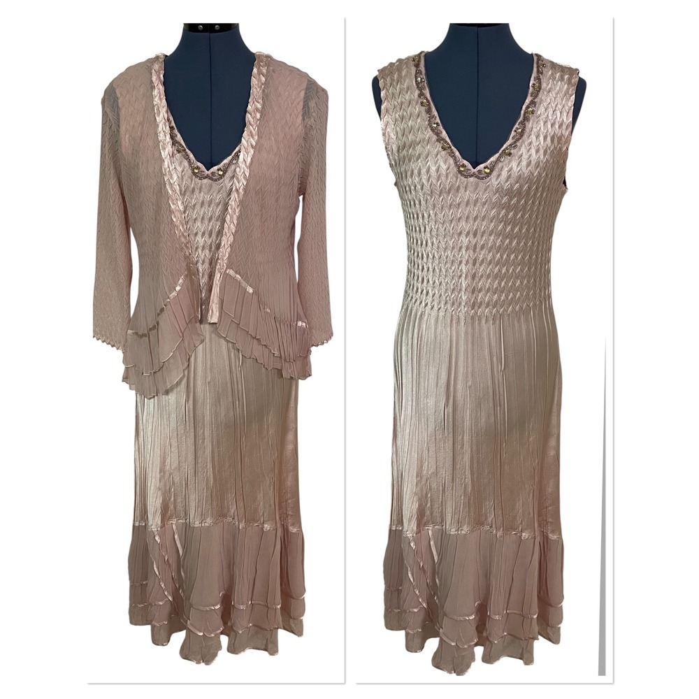 Komarov Dress Set Pink Beaded V Neck Pleated Layered Midi Dress w Jacket MOB L